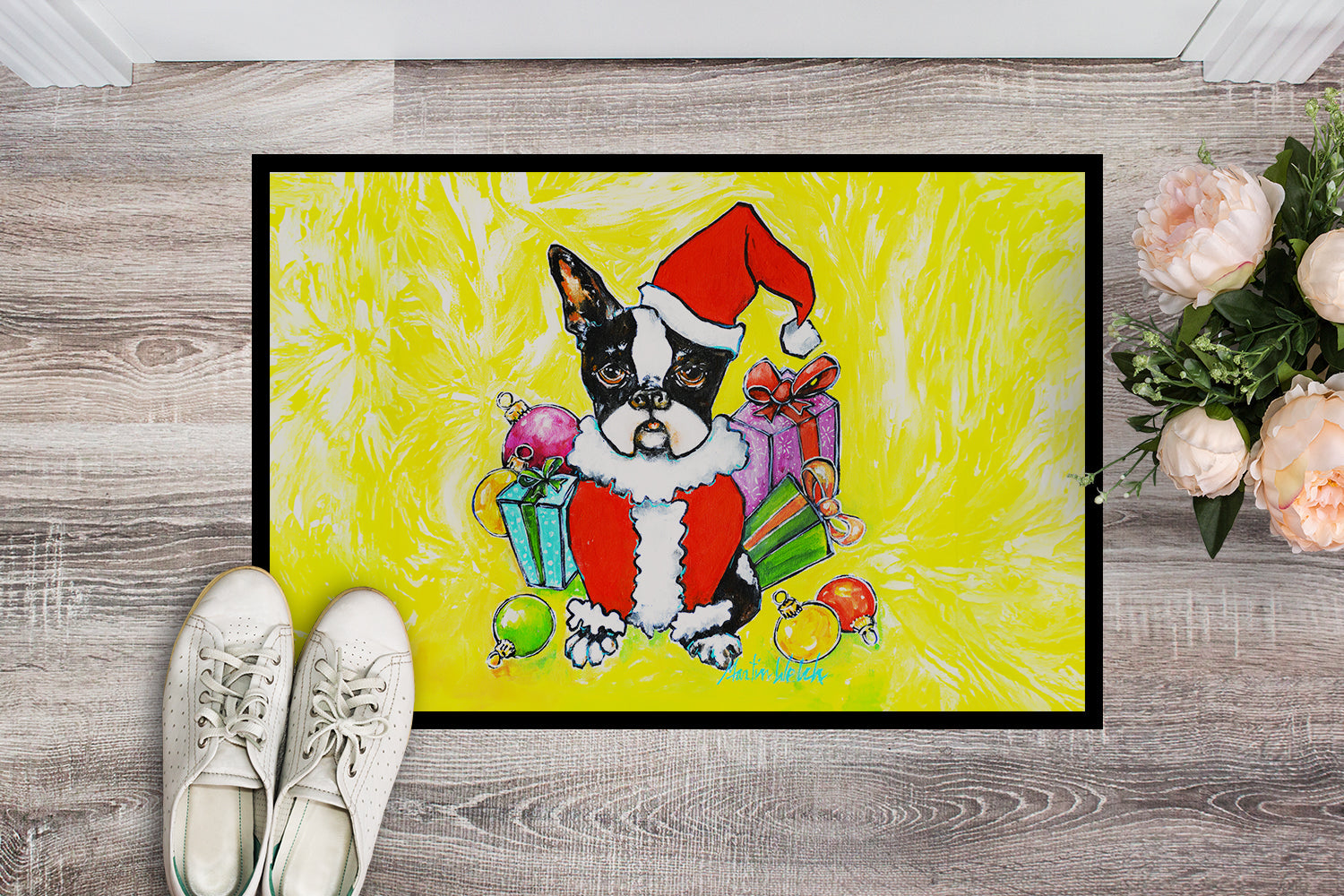 Boston Terrier Stinker That Stole Christmas Doormat Indoor Outdoor 18H X 27W Front Door Mat Rugs for Entryway, Non Slip Washable
