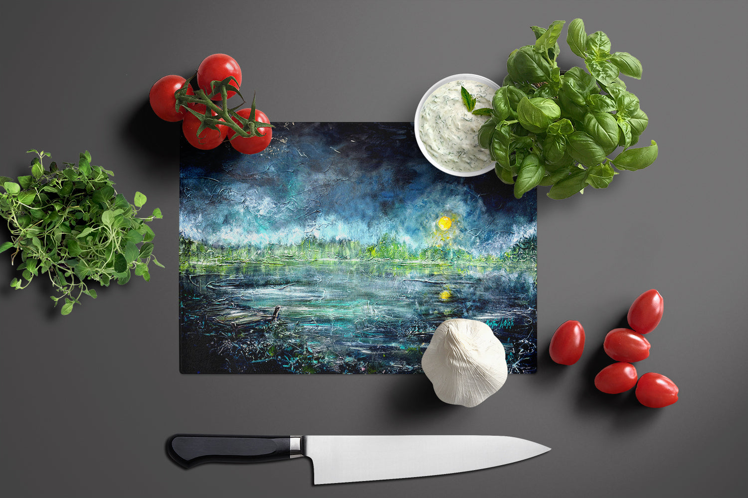 By The Moonlight Cutting Board Tempered Glass Kitchen Cutting Surface, Heat Resistant Chopping, Non-Slip Feet, Food Prep & Serving