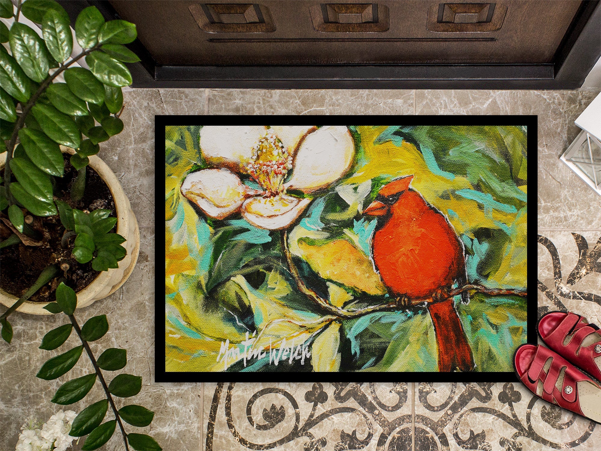 Cardinal with Magnolia Doormat Indoor Outdoor 18H X 27W Front Door Mat Rugs for Entryway, Non Slip Washable