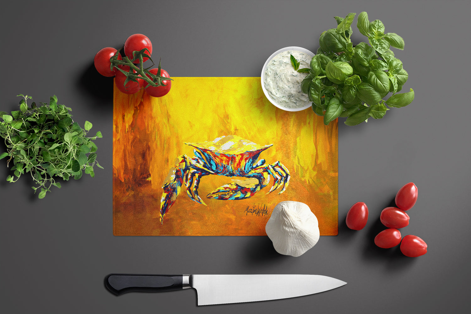 Crab Called the Bigger Jigger Cutting Board Tempered Glass Kitchen Cutting Surface, Heat Resistant Chopping, Non-Slip Feet, Food Prep & Serving
