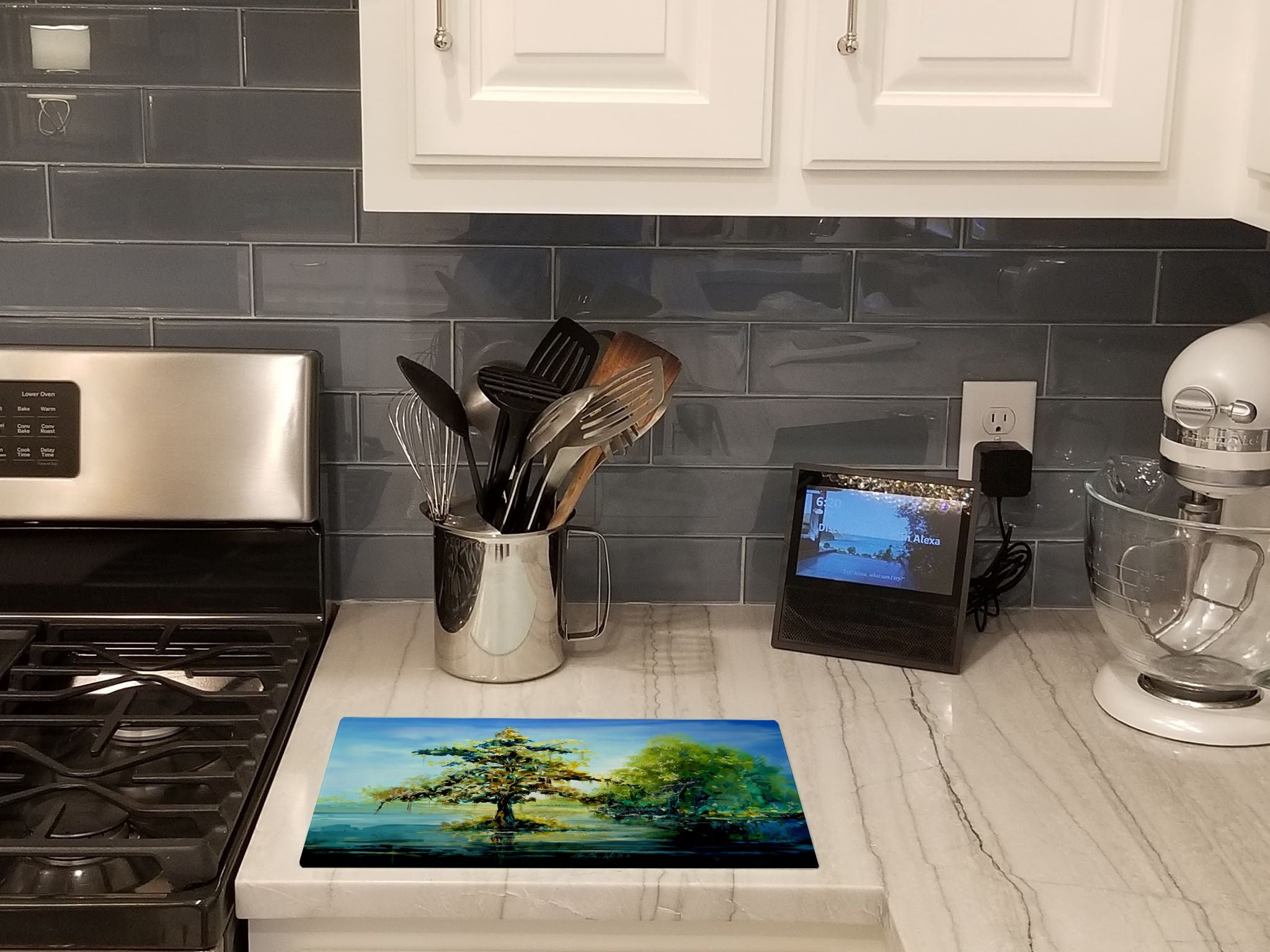 Cypress Tree in the Bayou Blue Cutting Board Tempered Glass Kitchen Cutting Surface, Heat Resistant Chopping, Non-Slip Feet, Food Prep & Serving