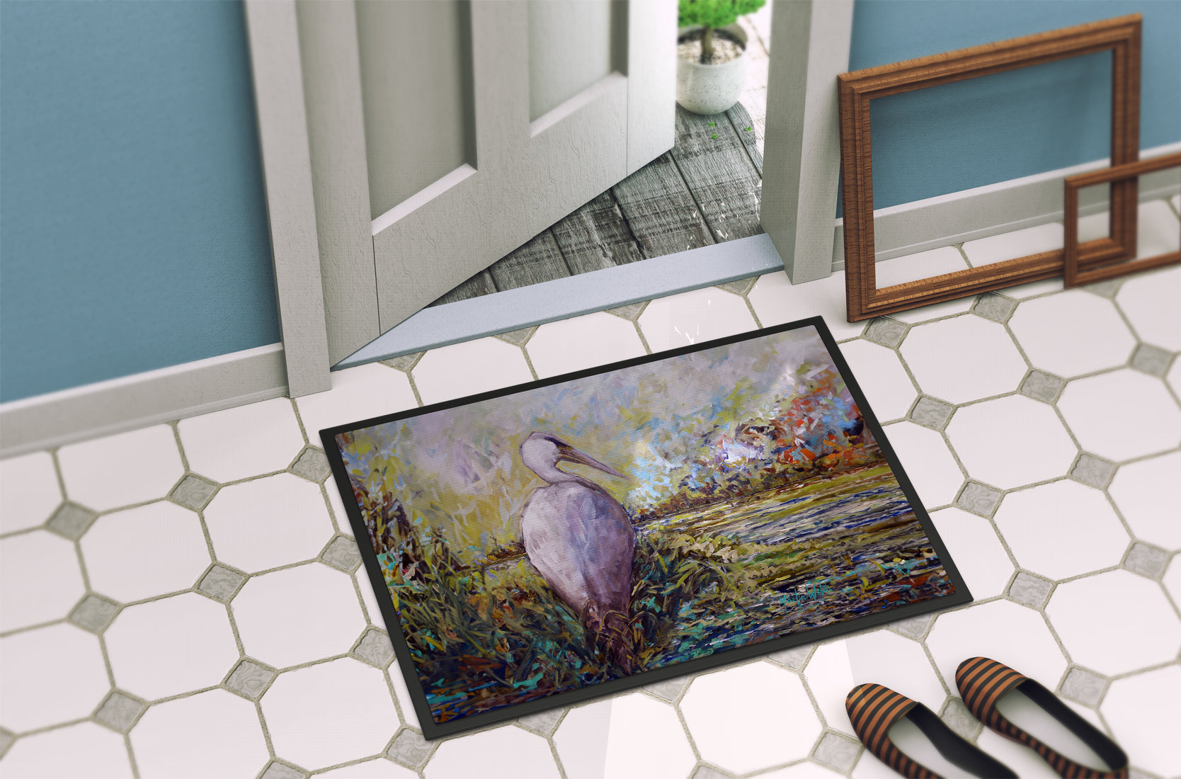 Heron in the Swamp Doormat Indoor Outdoor 24H X 36W Front Door Mat Rugs for Entryway, Non Slip Washable Low Pile,