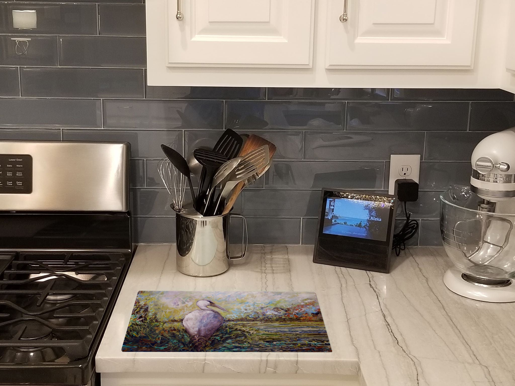 Heron in the Swamp Cutting Board Tempered Glass Kitchen Cutting Surface, Heat Resistant Chopping, Non-Slip Feet, Food Prep & Serving