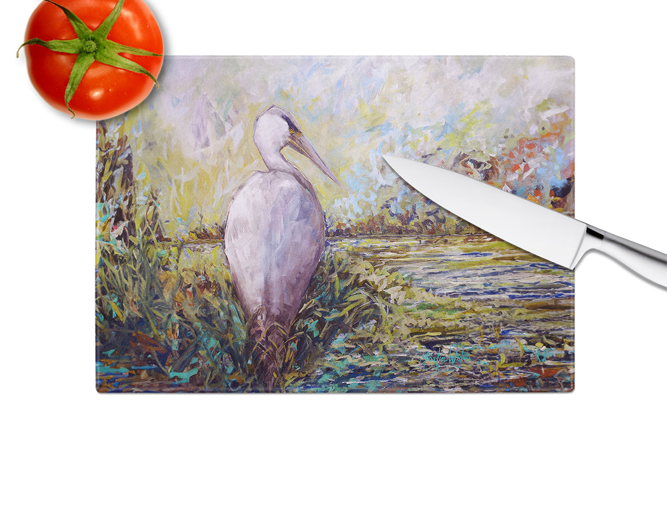 Heron in the Swamp Cutting Board Tempered Glass Kitchen Cutting Surface, Heat Resistant Chopping, Non-Slip Feet, Food Prep & Serving