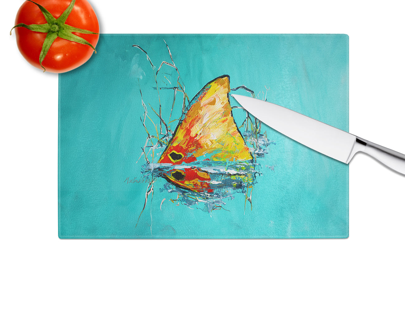 In The Marsh Red Fish Cutting Board Tempered Glass Kitchen Cutting Surface, Heat Resistant Chopping, Non-Slip Feet, Food Prep & Serving