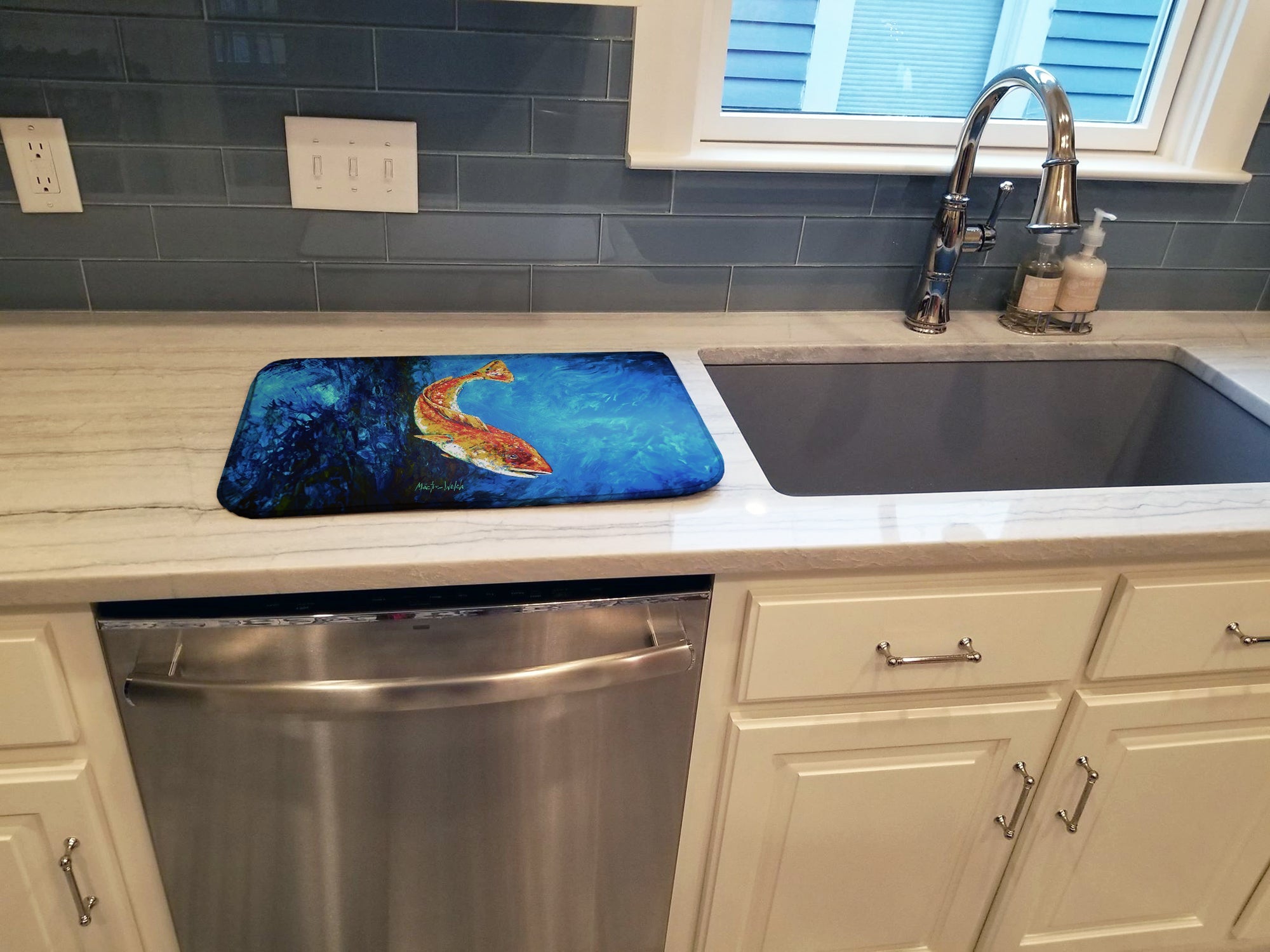 Katy Red Red Fish Dish Drying Mat Absorbent Dish Drying Mat Pad for Kitchen Counter Dish Drainer Mat for Countertop, 14 x 21", Multicolor
