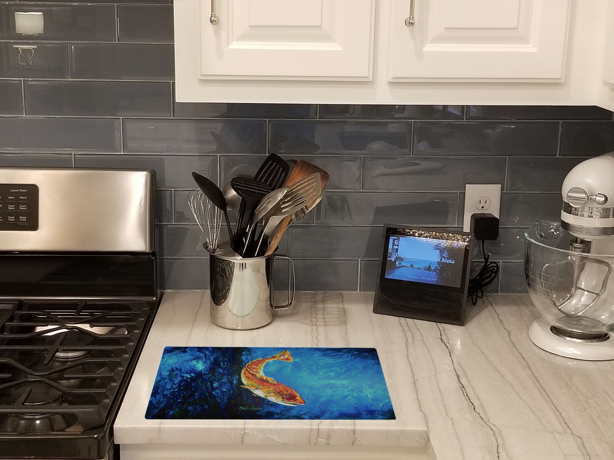 Katy Red Red Fish Cutting Board Tempered Glass Kitchen Cutting Surface, Heat Resistant Chopping, Non-Slip Feet, Food Prep & Serving