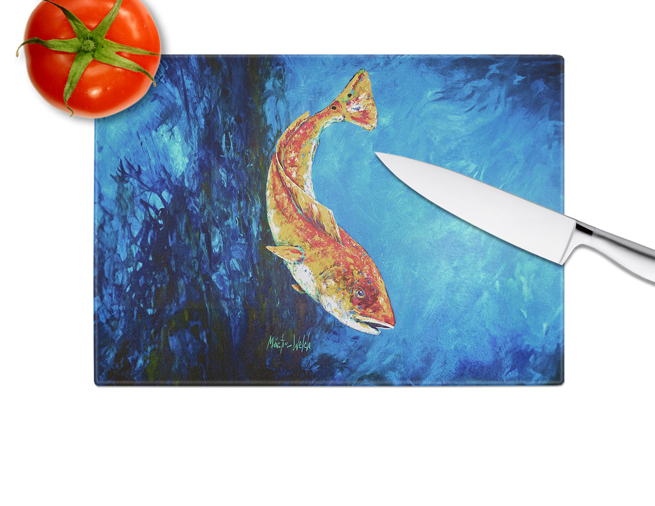 Katy Red Red Fish Cutting Board Tempered Glass Kitchen Cutting Surface, Heat Resistant Chopping, Non-Slip Feet, Food Prep & Serving