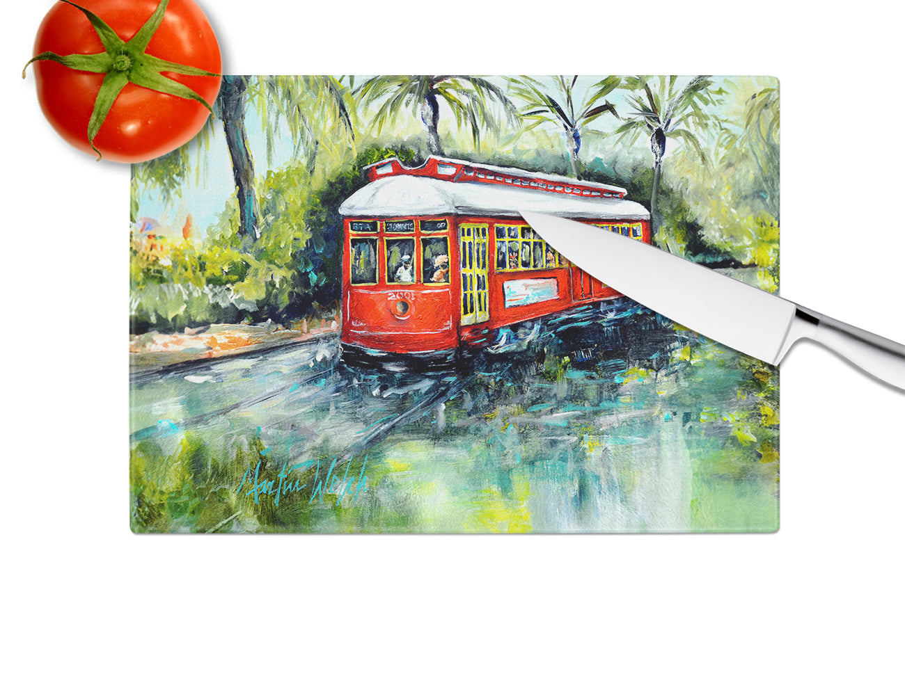 Little Red Street Car Cutting Board Tempered Glass Kitchen Cutting Surface, Heat Resistant Chopping, Non-Slip Feet, Food Prep & Serving