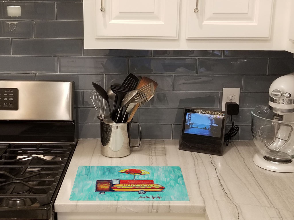 Hot Dog Cart Cutting Board Tempered Glass Kitchen Cutting Surface, Heat Resistant Chopping, Non-Slip Feet, Food Prep & Serving