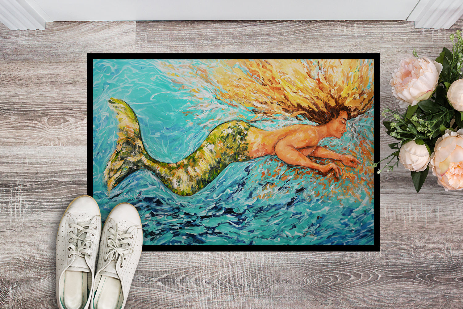 Mermaid After Your Heart Doormat Indoor Outdoor 18H X 27W Front Door Mat Rugs for Entryway, Non Slip Washable