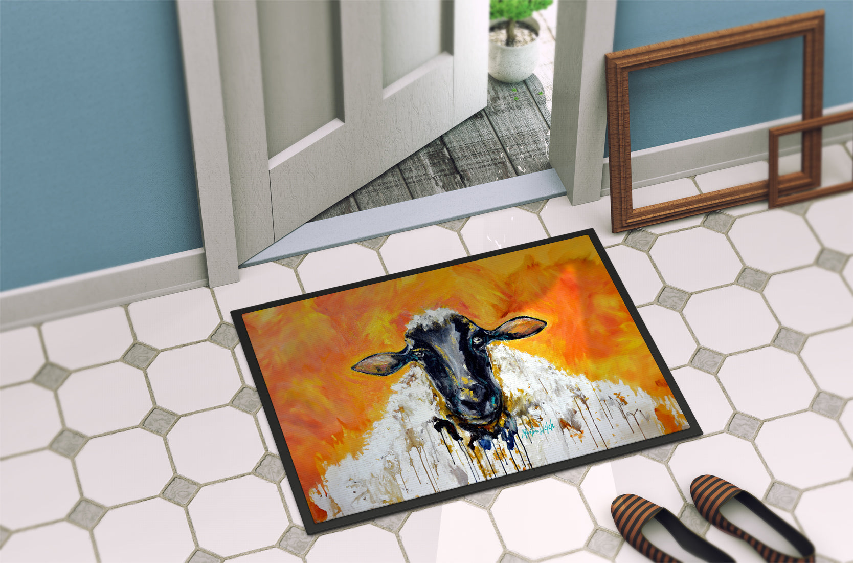 Peach Wool Sheep Doormat Indoor Outdoor 24H X 36W Front Door Mat Rugs for Entryway, Non Slip Washable Low Pile,