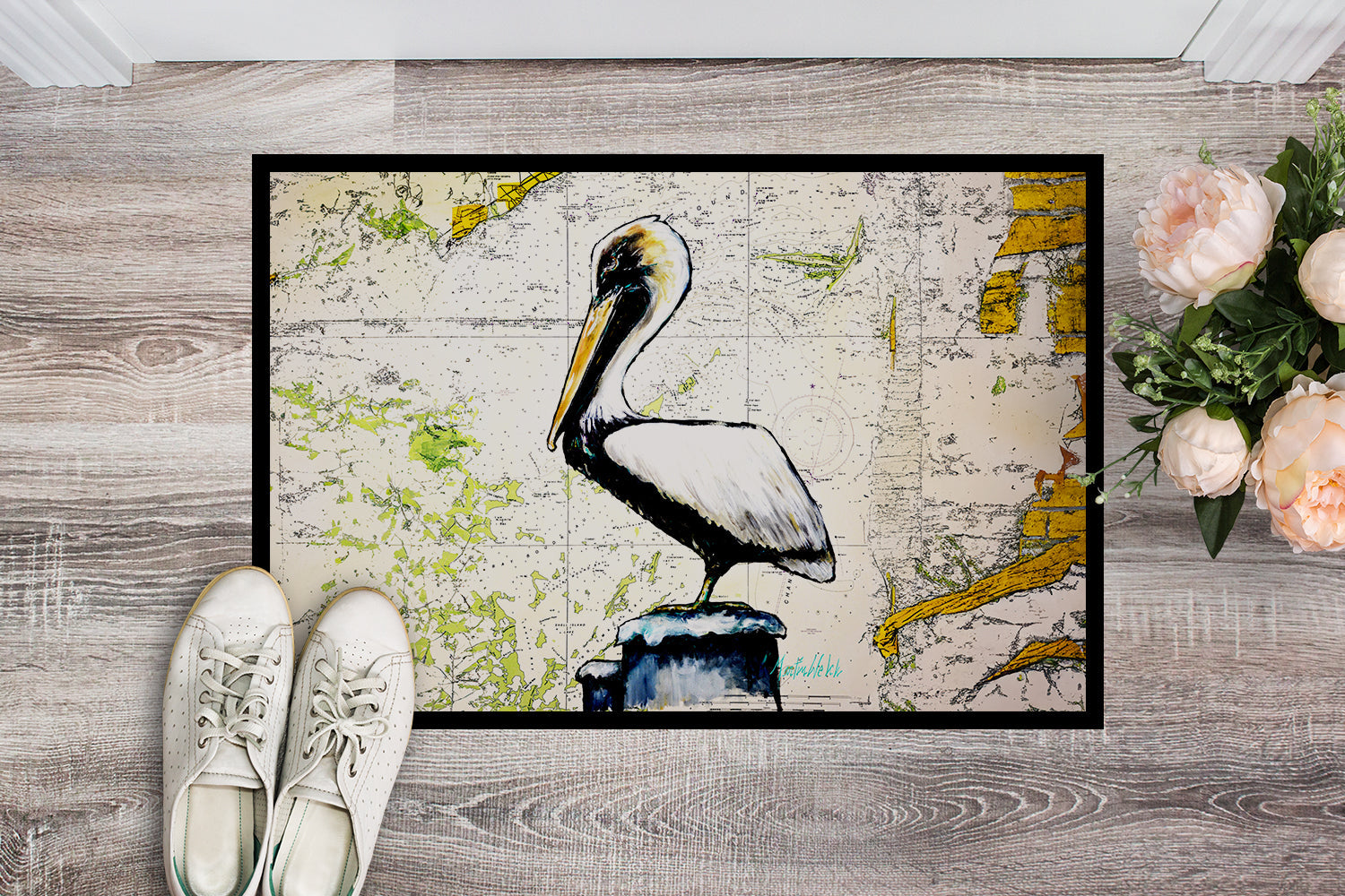 Pelican on Map Doormat Indoor Outdoor 24H X 36W Front Door Mat Rugs for Entryway, Non Slip Washable Low Pile,