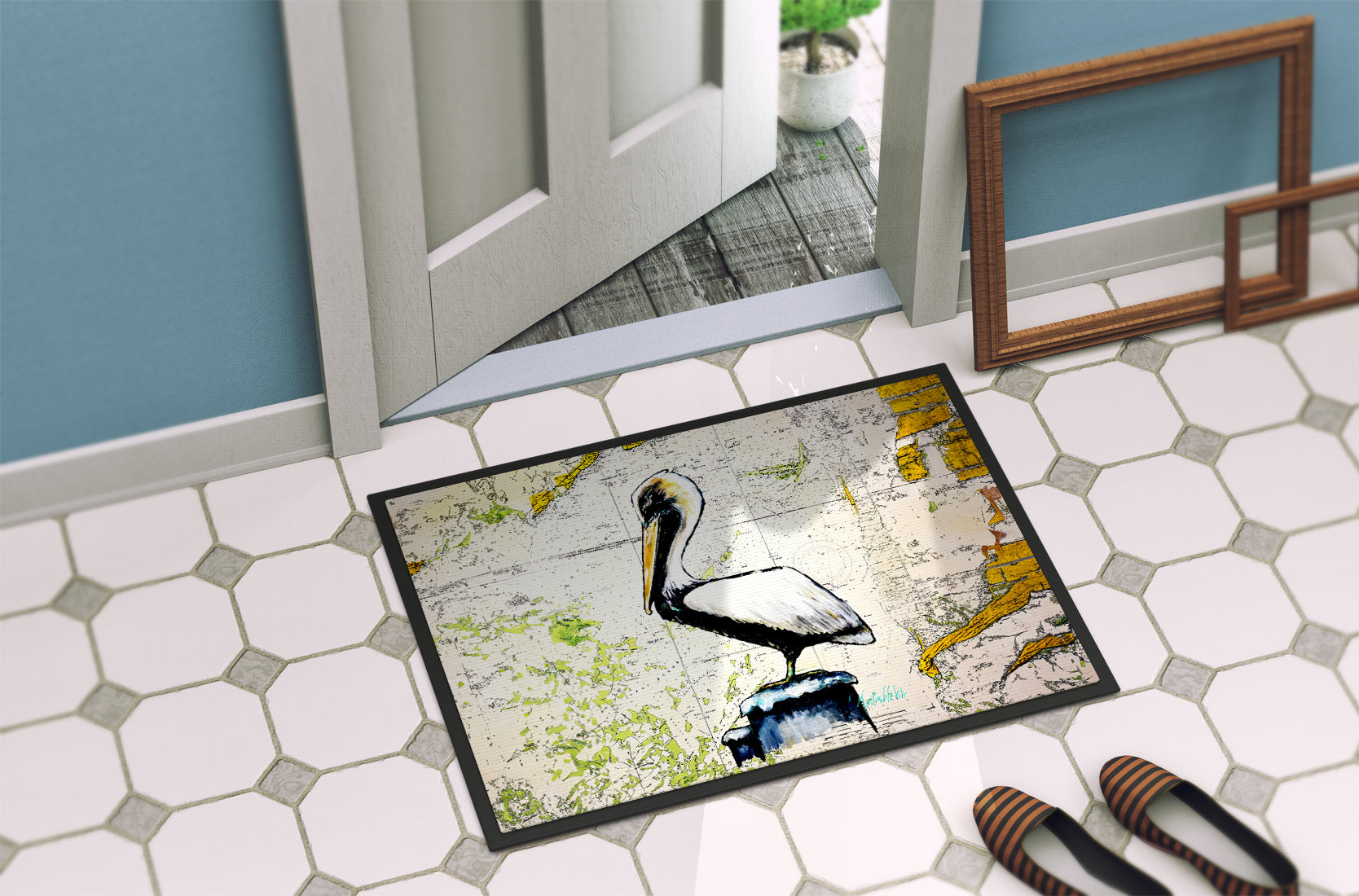 Pelican on Map Doormat Indoor Outdoor 18H X 27W Front Door Mat Rugs for Entryway, Non Slip Washable