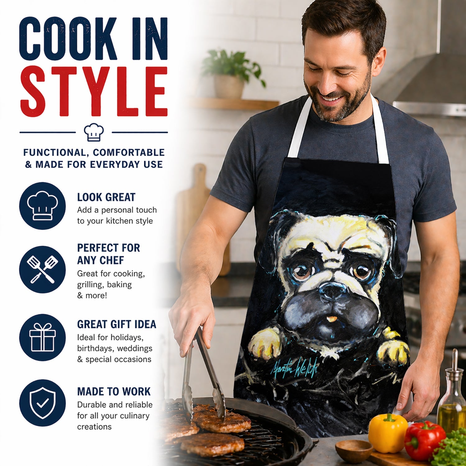 Pug It Out Apron Cooking Kitchen Server Baking Crafts Gardening for Adult Women Men, Unisex, Large, Multicolor