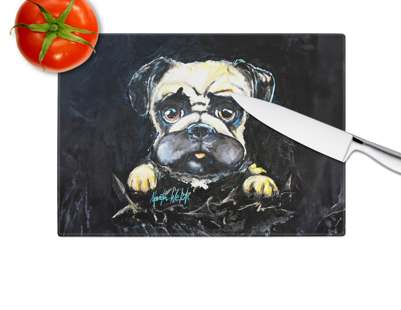 Pug It Out Cutting Board Tempered Glass Kitchen Cutting Surface, Heat Resistant Chopping, Non-Slip Feet, Food Prep & Serving