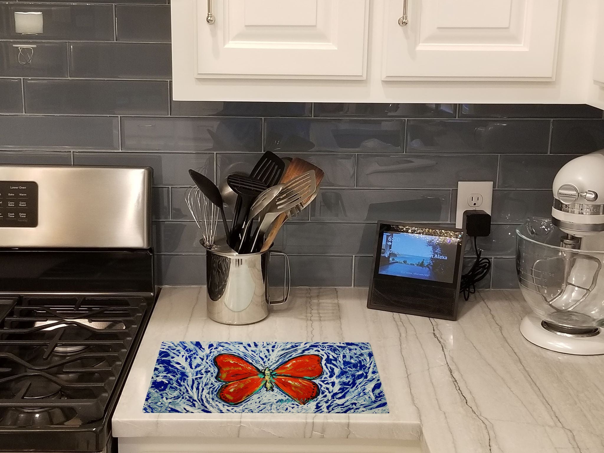 Red Glider Butterfly Cutting Board Tempered Glass Kitchen Cutting Surface, Heat Resistant Chopping, Non-Slip Feet, Food Prep & Serving