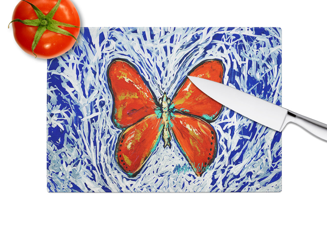 Red Glider Butterfly Cutting Board Tempered Glass Kitchen Cutting Surface, Heat Resistant Chopping, Non-Slip Feet, Food Prep & Serving