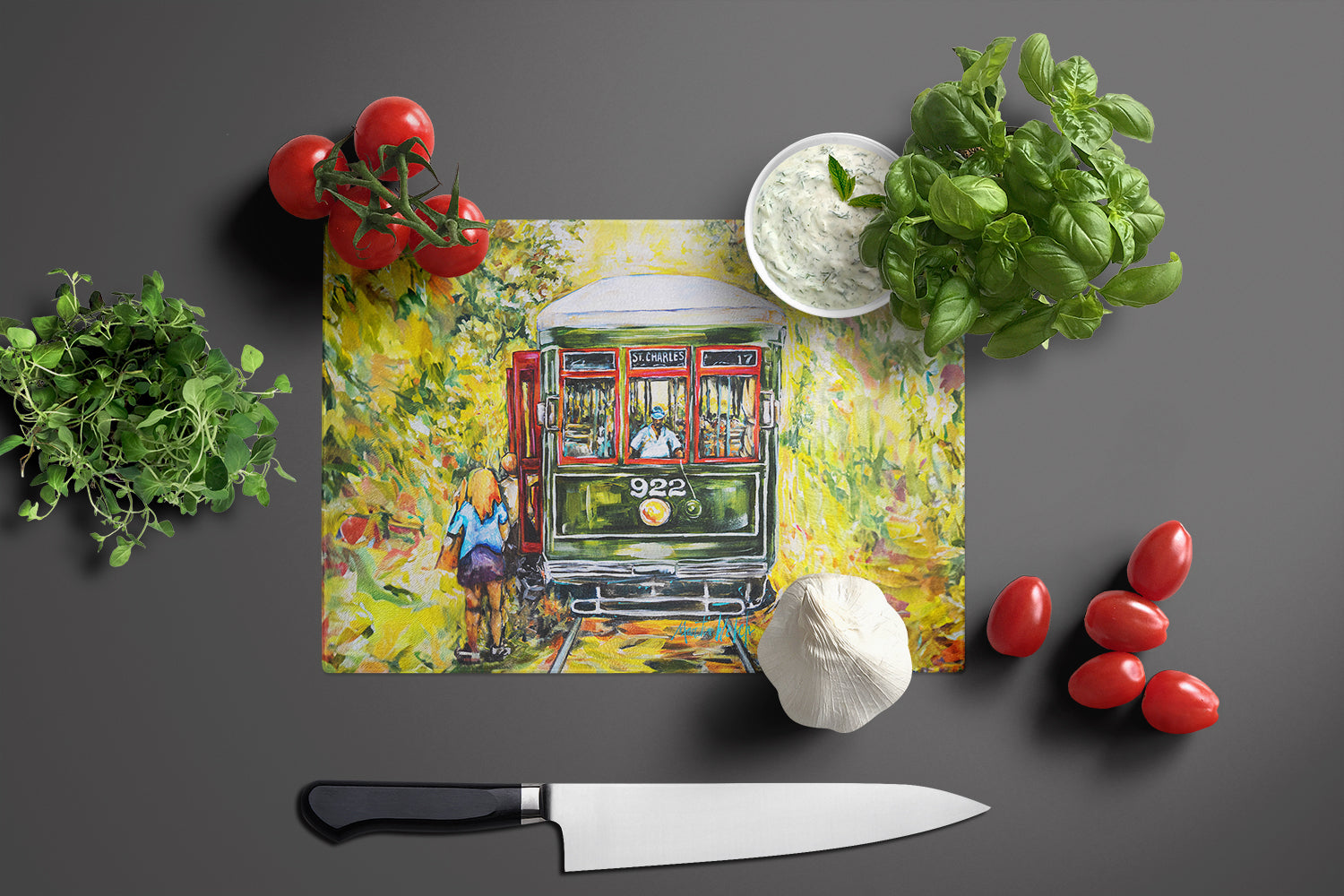 Saint Charles No. 922 Streetcar Cutting Board Tempered Glass Kitchen Cutting Surface, Heat Resistant Chopping, Non-Slip Feet, Food Prep & Serving