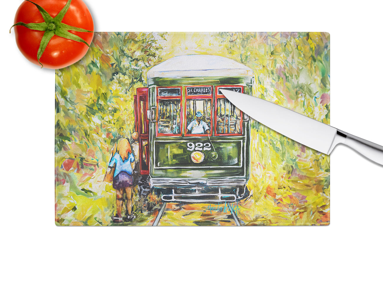 Saint Charles No. 922 Streetcar Cutting Board Tempered Glass Kitchen Cutting Surface, Heat Resistant Chopping, Non-Slip Feet, Food Prep & Serving