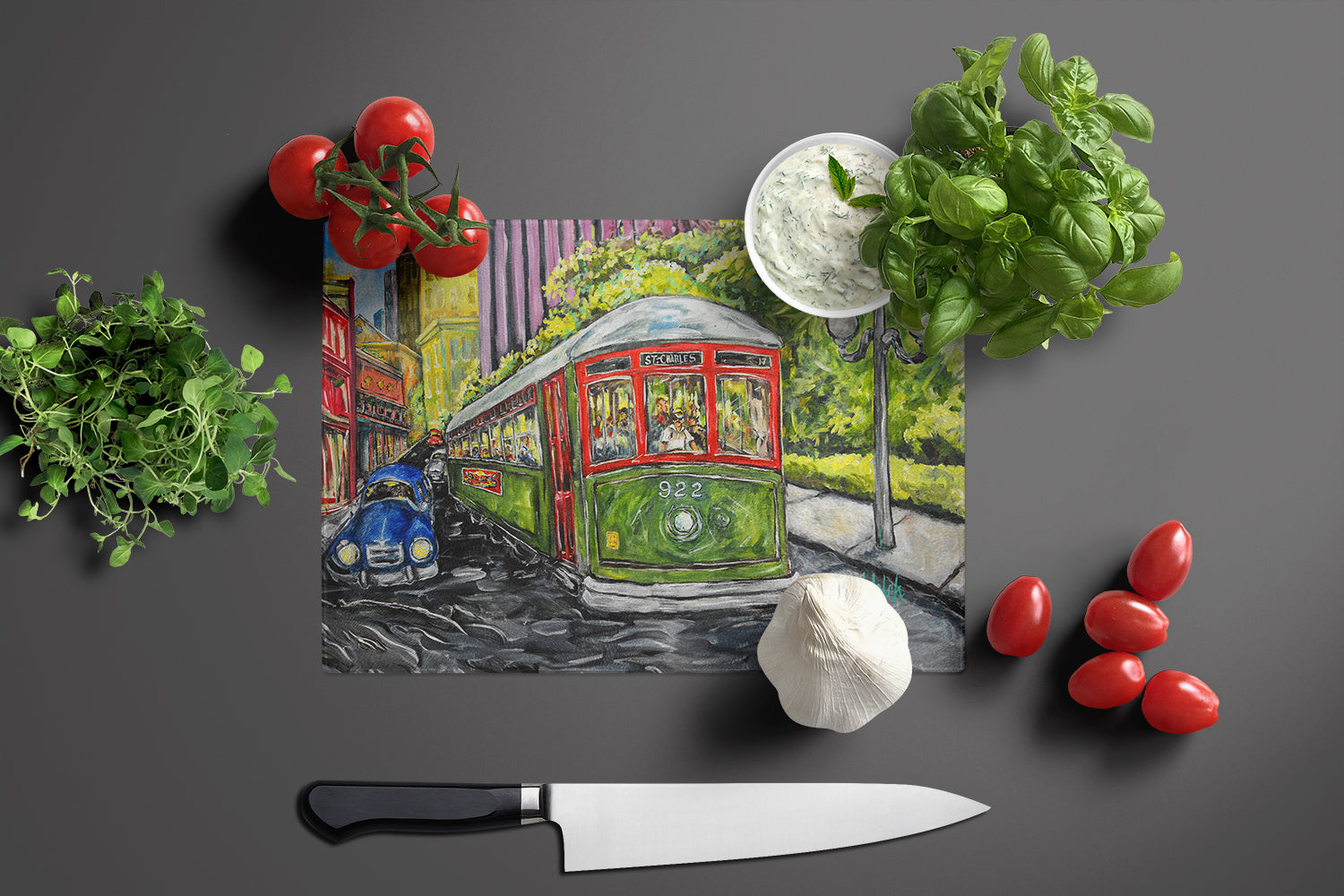 Saint Charles No. 922 Streetcar Again Cutting Board Tempered Glass Kitchen Cutting Surface, Heat Resistant Chopping, Non-Slip Feet, Food Prep & Serving