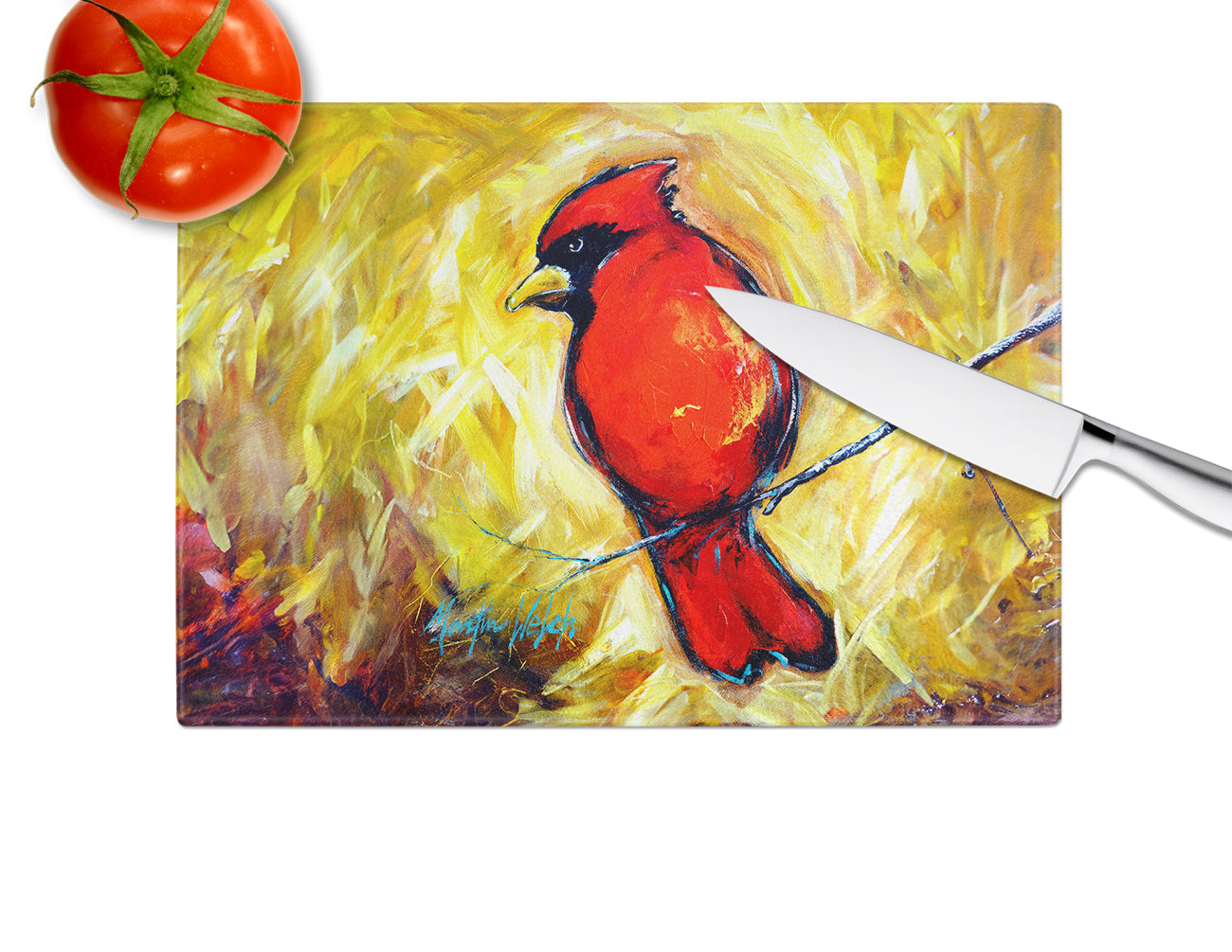 Sha Red Baba Bird Cutting Board Tempered Glass Kitchen Cutting Surface, Heat Resistant Chopping, Non-Slip Feet, Food Prep & Serving