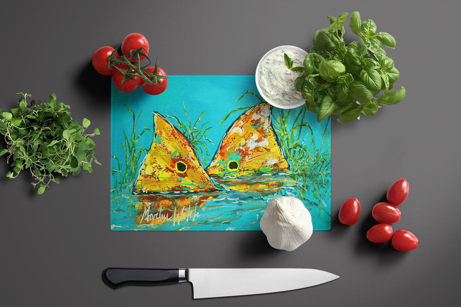 Side By Side Red Fish Cutting Board Tempered Glass Kitchen Cutting Surface, Heat Resistant Chopping, Non-Slip Feet, Food Prep & Serving