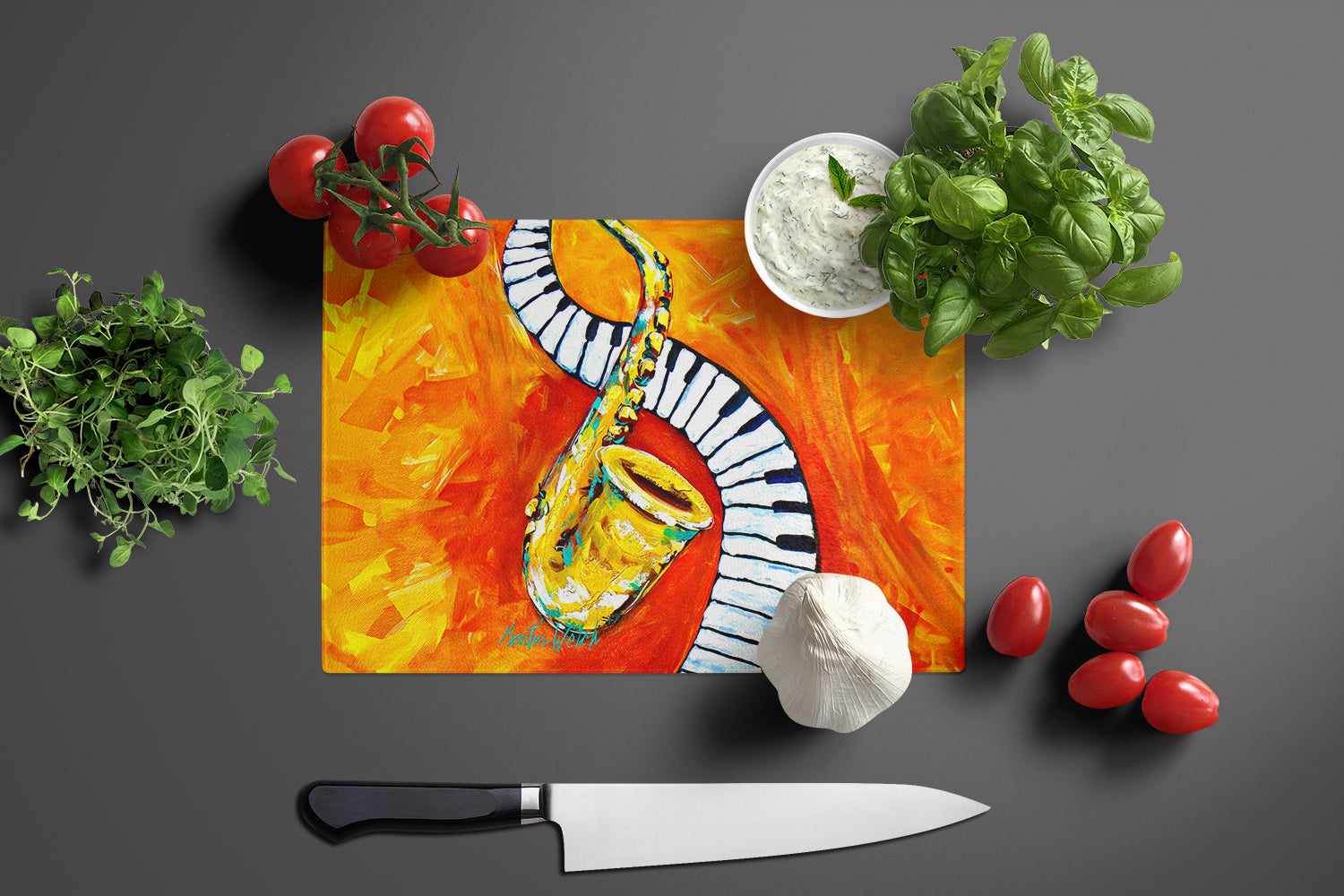 Something Blues Saxaphone and Piano Cutting Board Tempered Glass Kitchen Cutting Surface, Heat Resistant Chopping, Non-Slip Feet, Food Prep & Serving