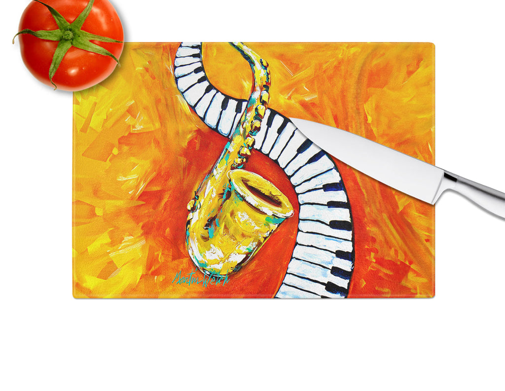 Something Blues Saxaphone and Piano Cutting Board Tempered Glass Kitchen Cutting Surface, Heat Resistant Chopping, Non-Slip Feet, Food Prep & Serving
