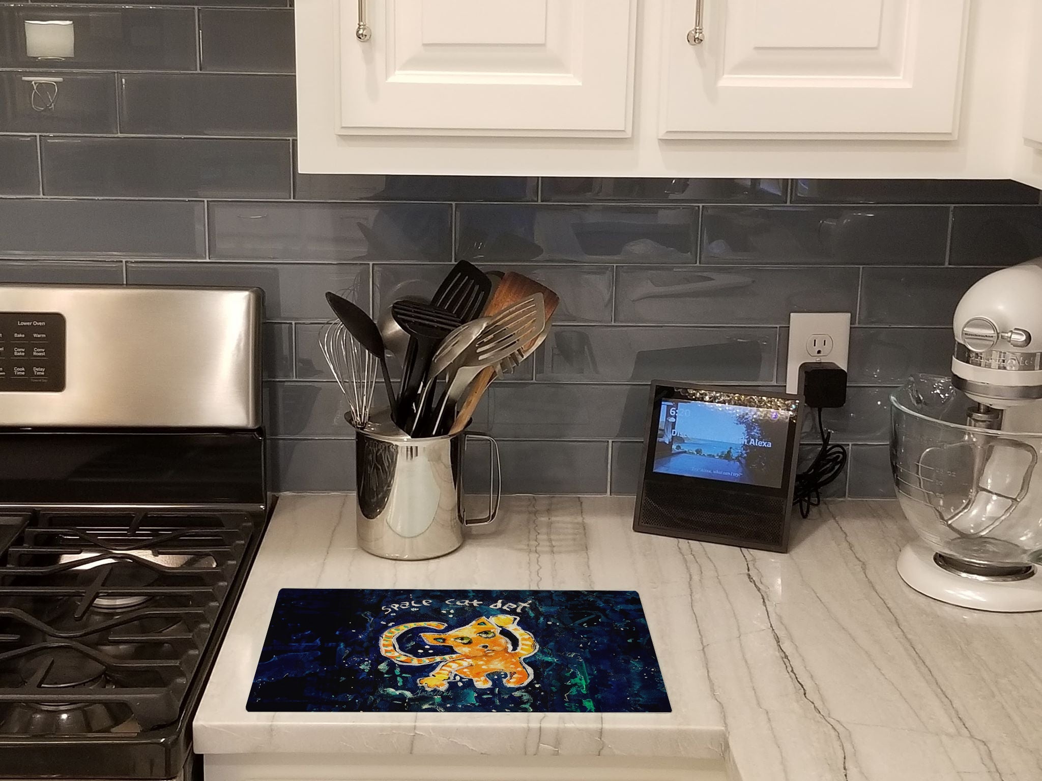 Space Cat Det Cat Cutting Board Tempered Glass Kitchen Cutting Surface, Heat Resistant Chopping, Non-Slip Feet, Food Prep & Serving