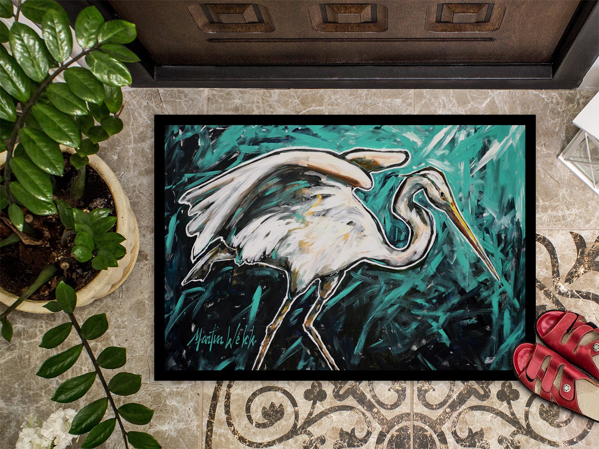 Heron Stretch Doormat Indoor Outdoor 24H X 36W Front Door Mat Rugs for Entryway, Non Slip Washable Low Pile,