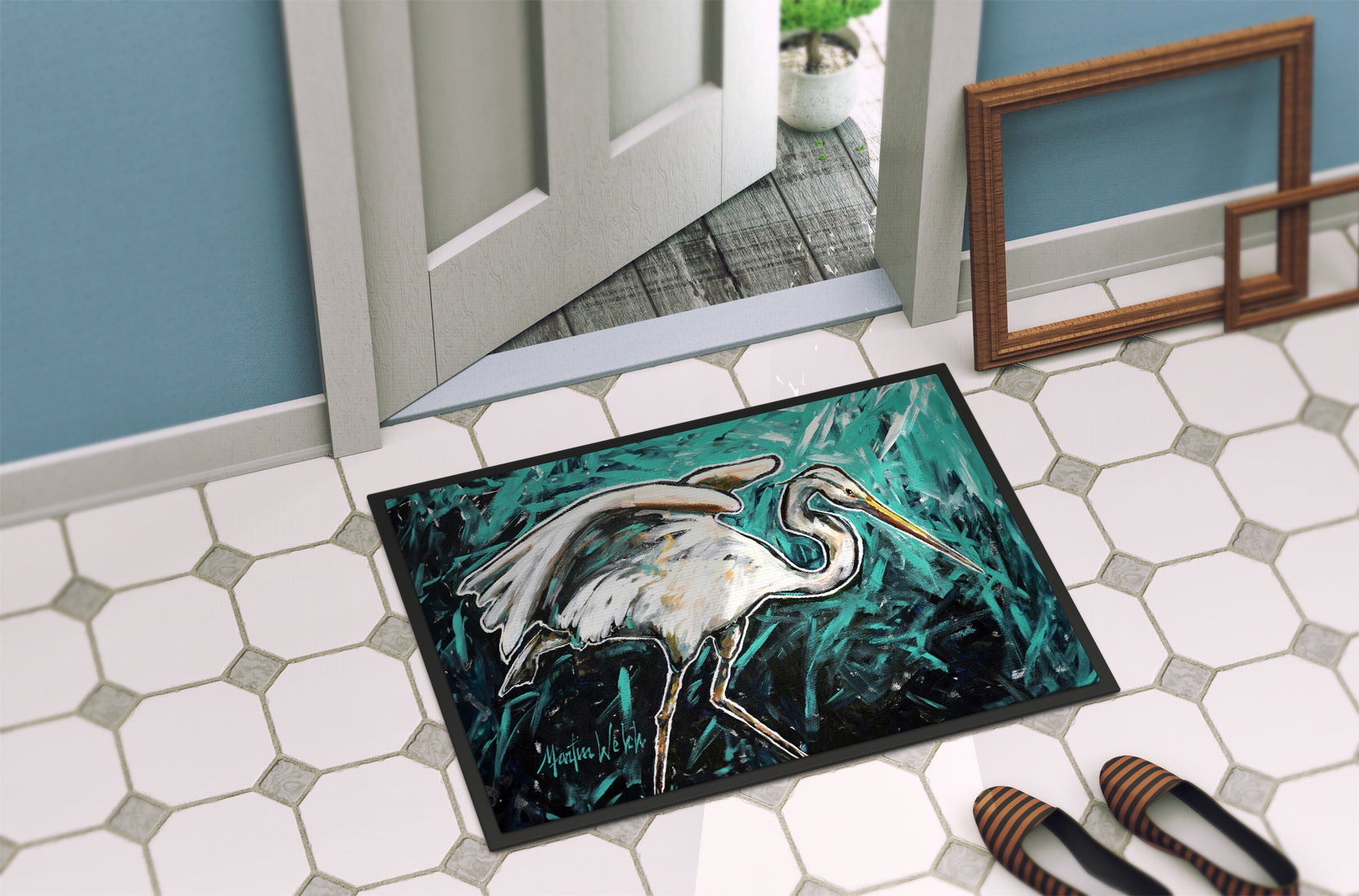 Heron Stretch Doormat Indoor Outdoor 24H X 36W Front Door Mat Rugs for Entryway, Non Slip Washable Low Pile,