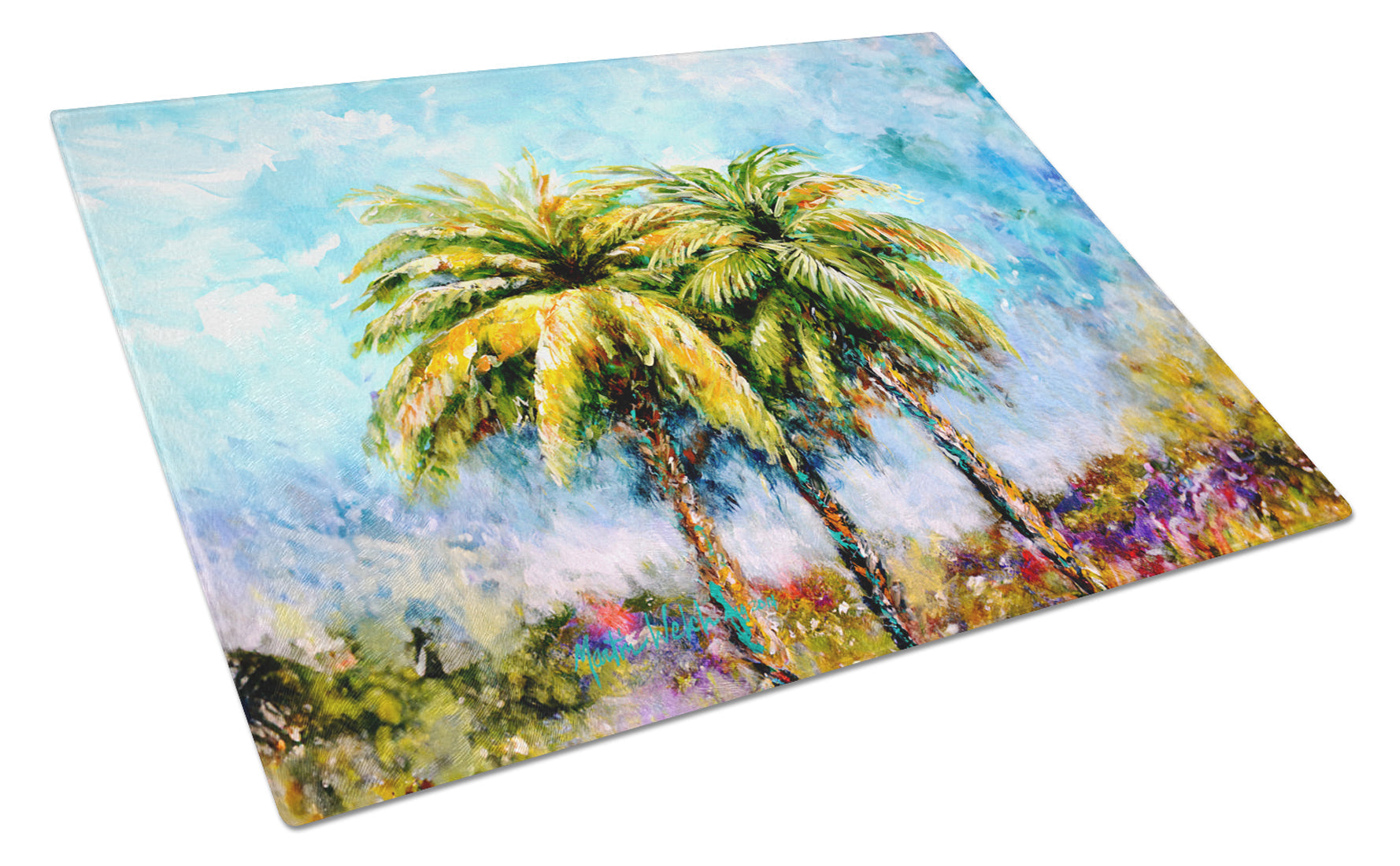 Summer Breezes Palm Tree Cutting Board Tempered Glass Kitchen Cutting Surface, Heat Resistant Chopping, Non-Slip Feet, Food Prep & Serving
