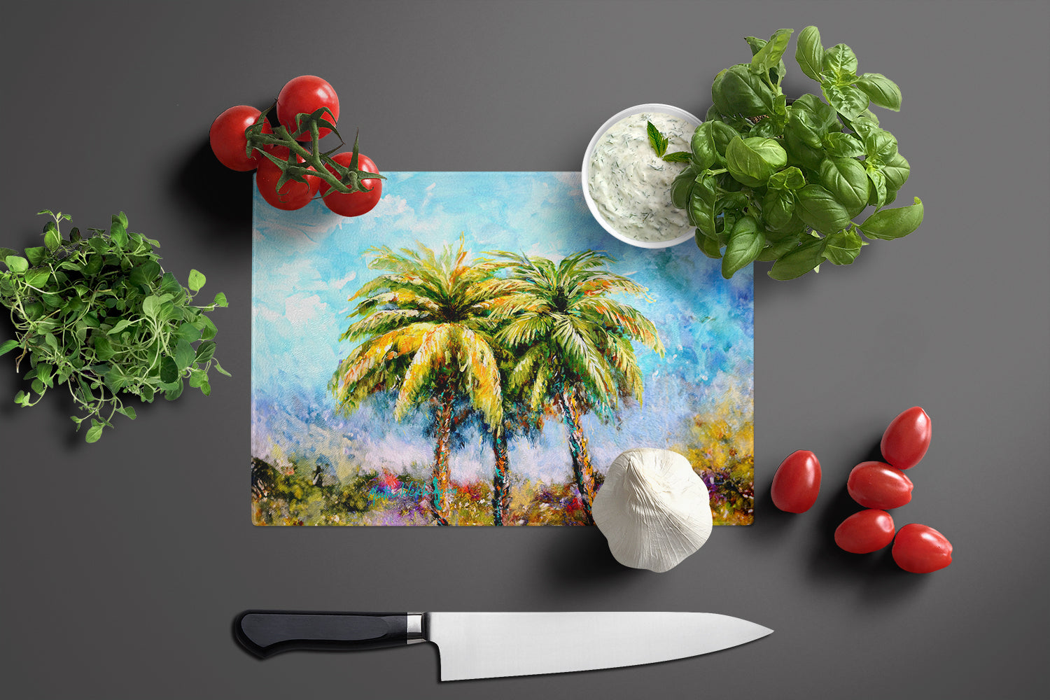 Summer Breezes Palm Tree Cutting Board Tempered Glass Kitchen Cutting Surface, Heat Resistant Chopping, Non-Slip Feet, Food Prep & Serving