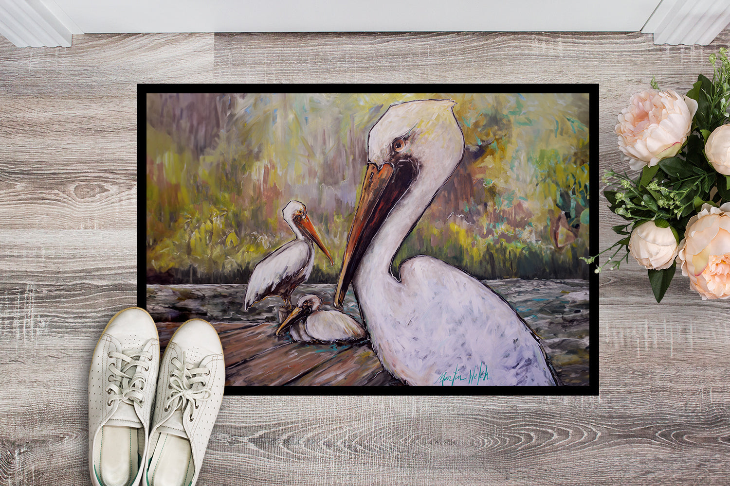 Three Pelicans on a Pier Doormat Indoor Outdoor 24H X 36W Front Door Mat Rugs for Entryway, Non Slip Washable Low Pile,