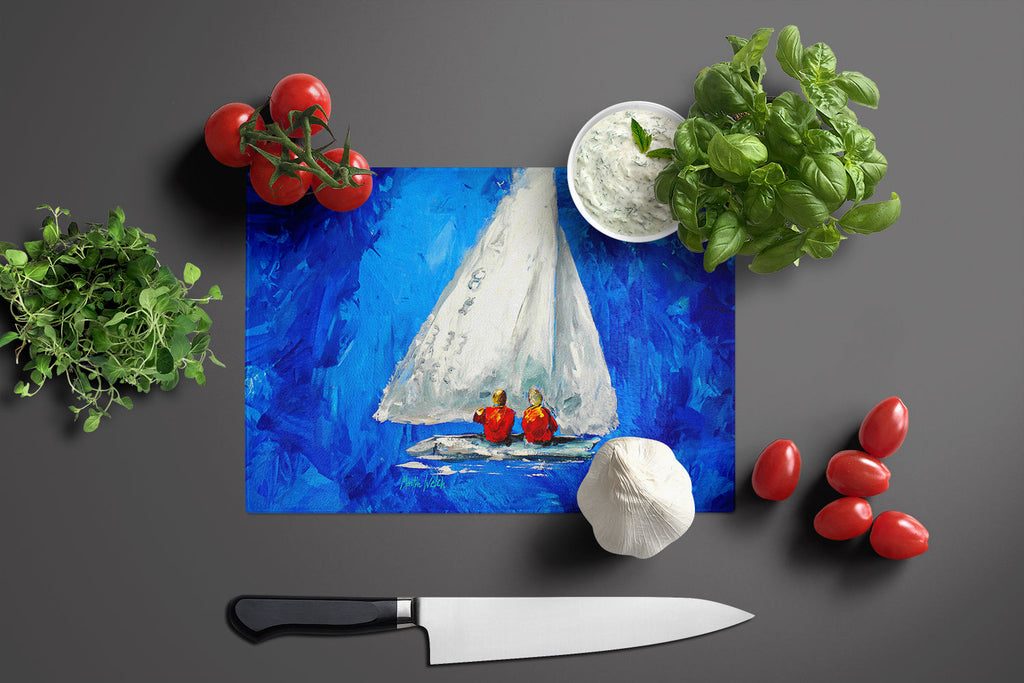 Twos Company Sailboat Cutting Board Tempered Glass Kitchen Cutting Surface, Heat Resistant Chopping, Non-Slip Feet, Food Prep & Serving