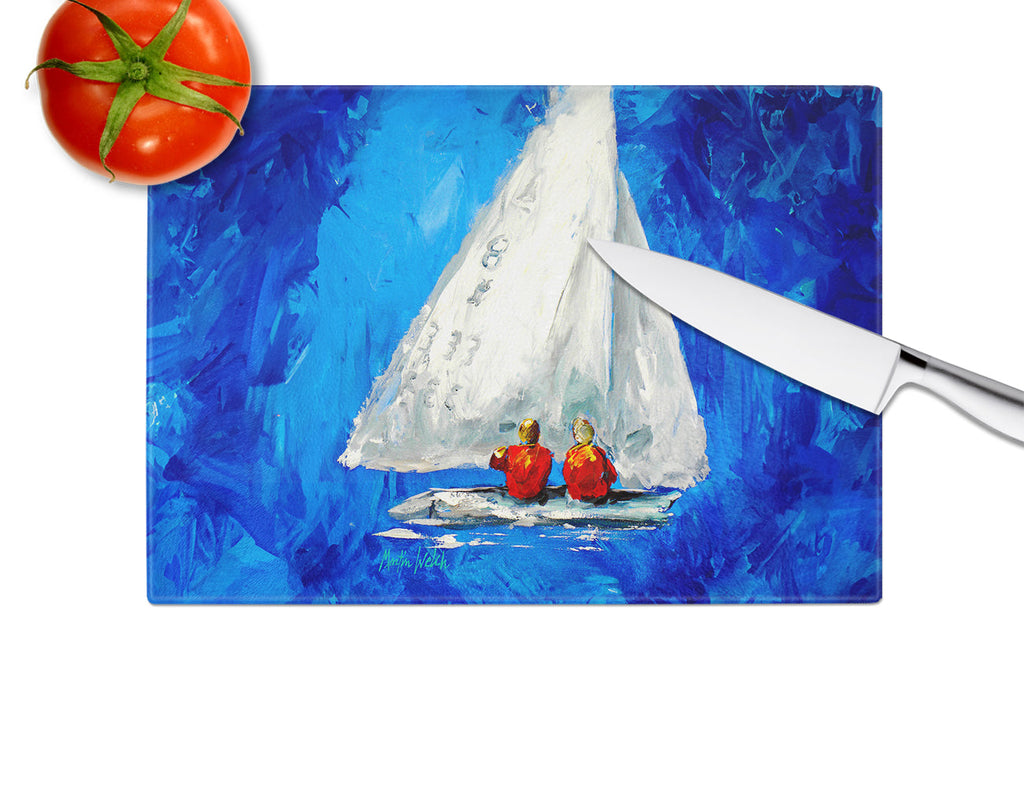 Twos Company Sailboat Cutting Board Tempered Glass Kitchen Cutting Surface, Heat Resistant Chopping, Non-Slip Feet, Food Prep & Serving