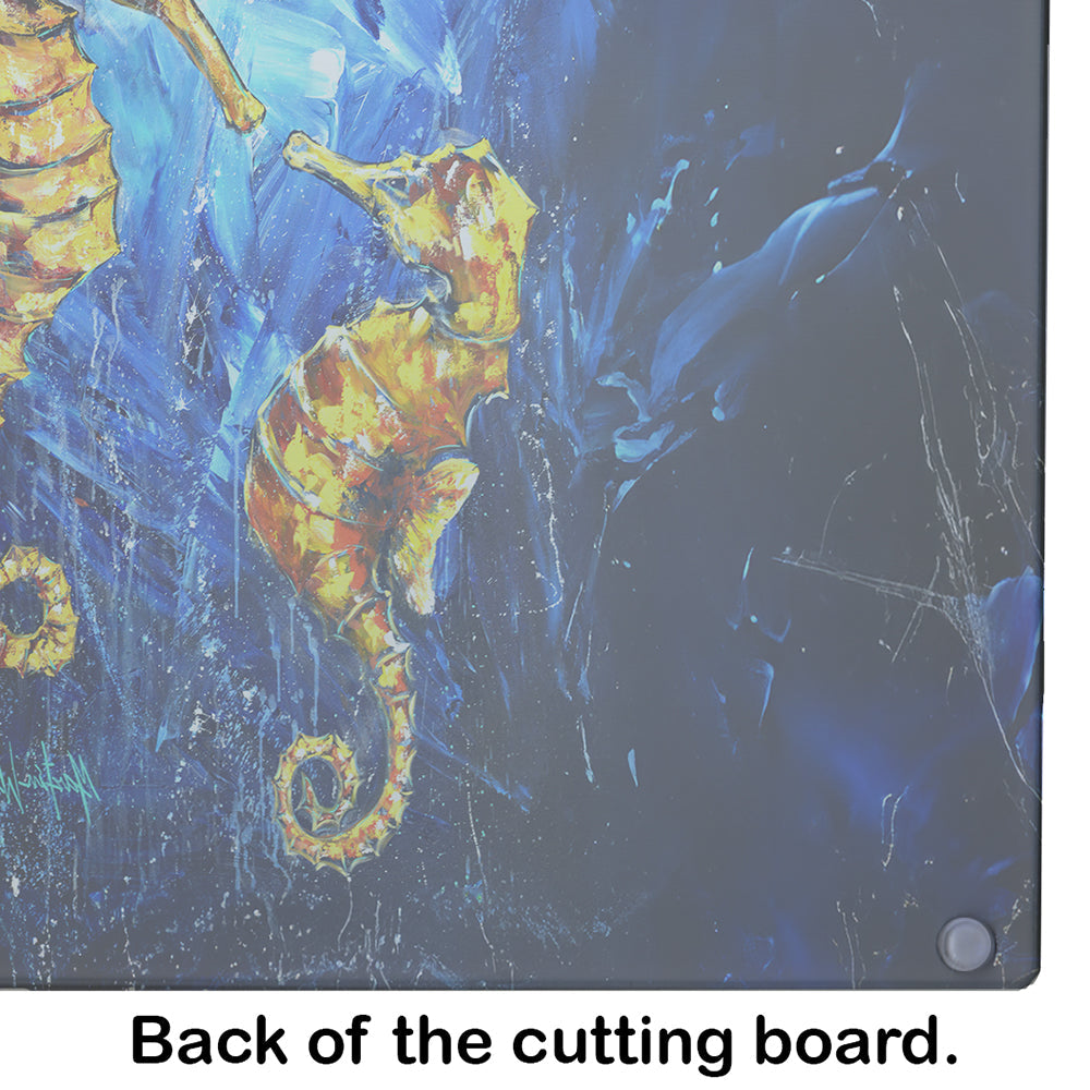Seahorses Two To Tango Cutting Board Tempered Glass Kitchen Cutting Surface, Heat Resistant Chopping, Non-Slip Feet, Food Prep & Serving