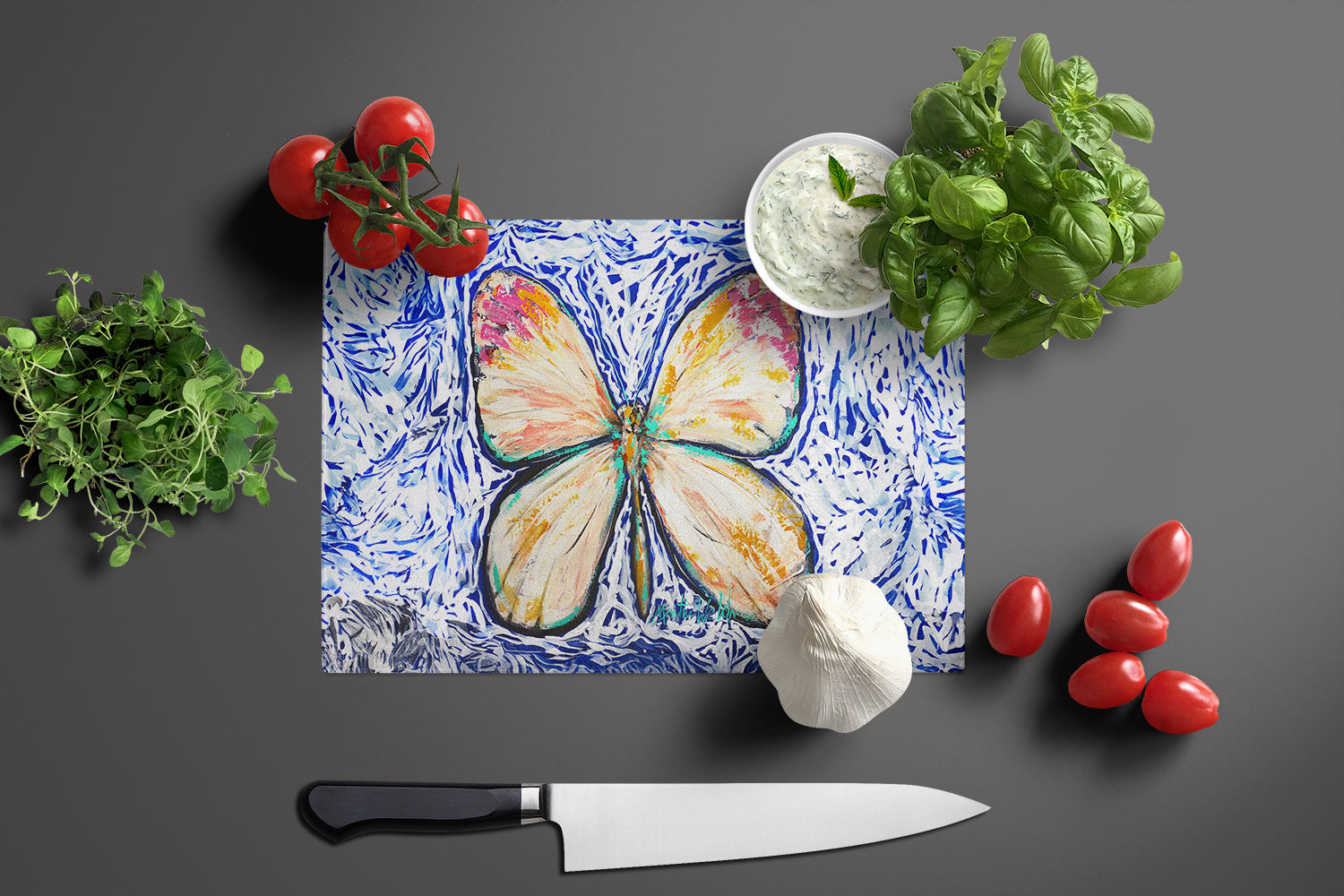 Butterfly Violet Tip Cutting Board Tempered Glass Kitchen Cutting Surface, Heat Resistant Chopping, Non-Slip Feet, Food Prep & Serving