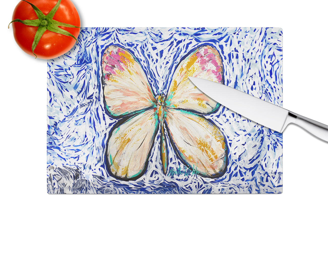 Butterfly Violet Tip Cutting Board Tempered Glass Kitchen Cutting Surface, Heat Resistant Chopping, Non-Slip Feet, Food Prep & Serving