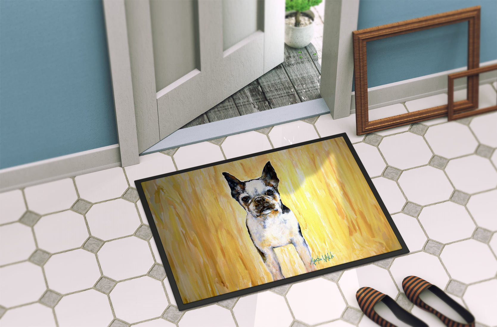 Boston Terrier Walker Two Doormat Indoor Outdoor 24H X 36W Front Door Mat Rugs for Entryway, Non Slip Washable Low Pile,