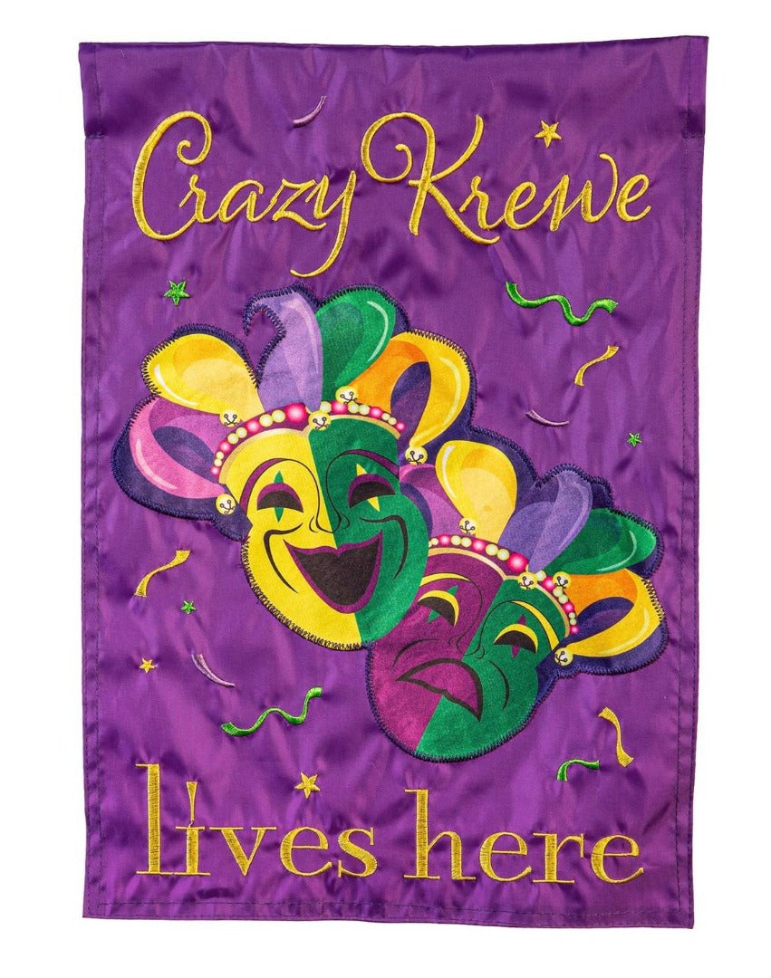Mardi Gras Crazy Krewe Lives Here 2 Sided Garden Flag