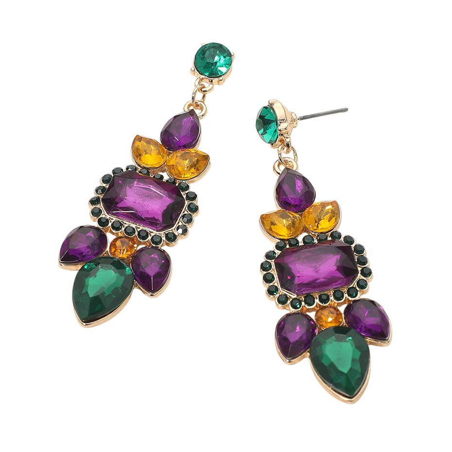 Gold Mardi Gras Glass Stone Cluster Drop Evening Earrings