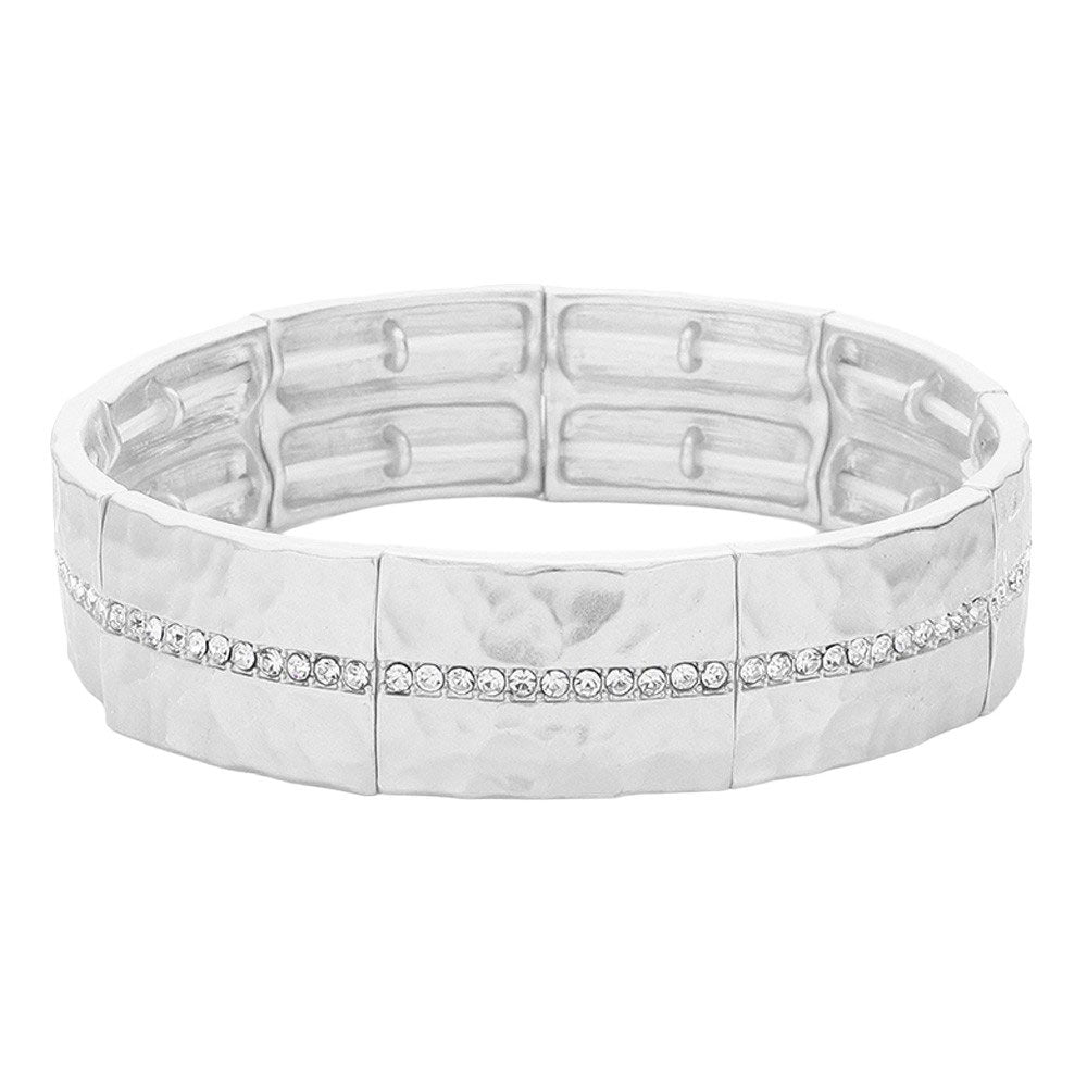 Stone Paved Line Center Pointed Hammered Metal Stretch Bracelet