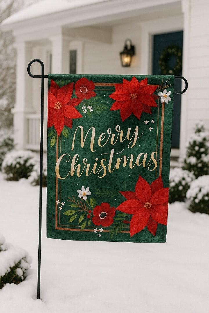 Merry Christmas Floral Garden Flag ~ 2-Sided Lustre Holiday Yard Decor