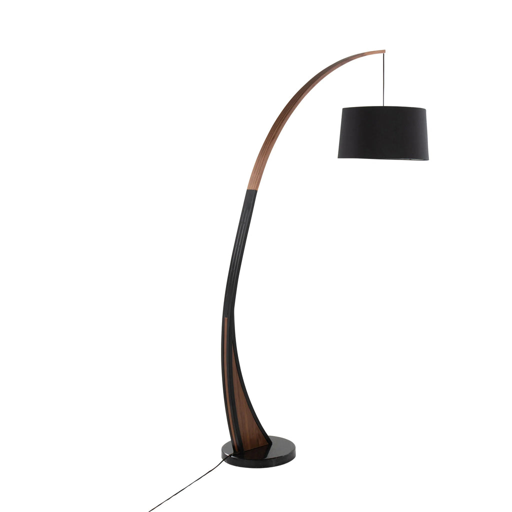 Mid-Century Modern Floor Lamp – Arched Walnut Wood Frame, Marble Base & Linen Drum Shade