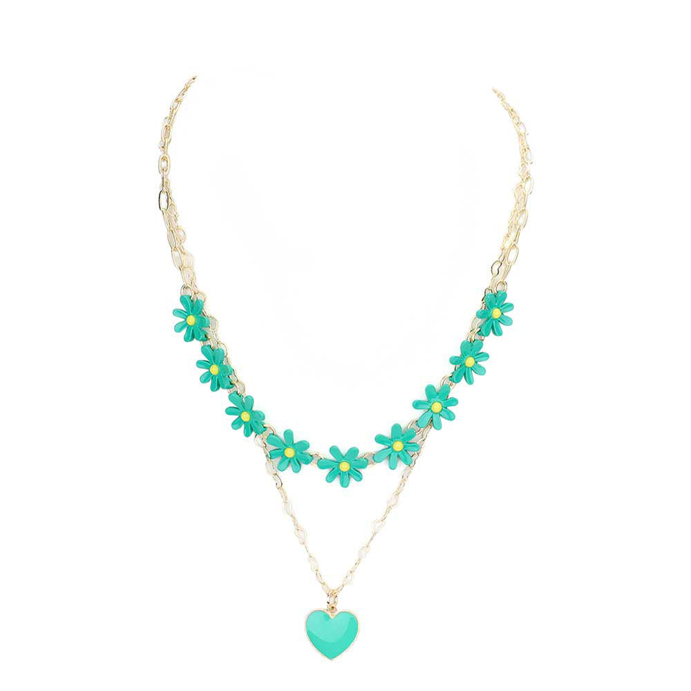 Enamel Heart Pendant Flower Link Double Layered Necklace
