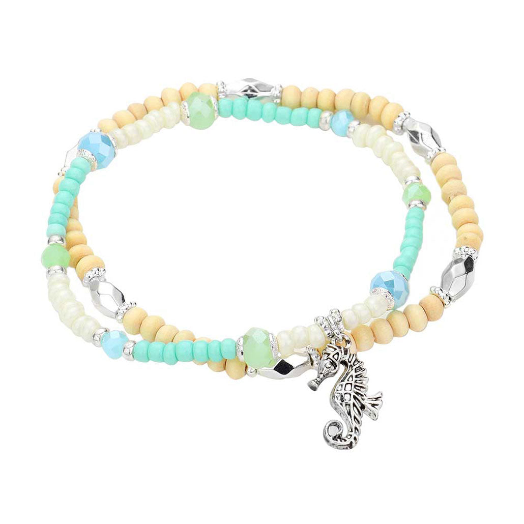 2PCS - Seahorse Charm Wood Seed Beaded Stretch Bracelets