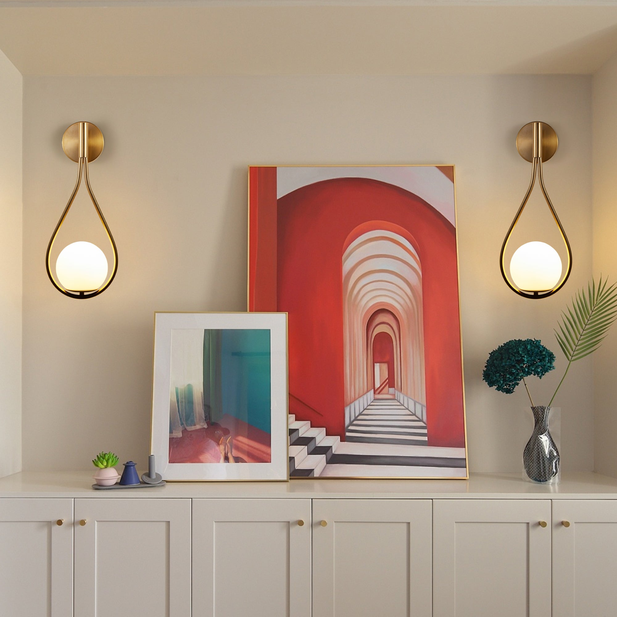 19" Set of 2 Modern Gold Wall Sconces with Opal Glass Globe, Mid-Century Design, Luxury Wall Lights