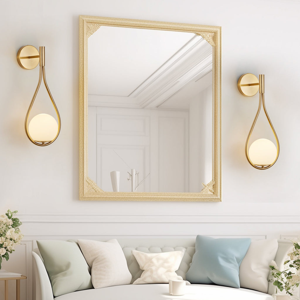 19" Set of 2 Modern Gold Wall Sconces with Opal Glass Globe, Mid-Century Design, Luxury Wall Lights